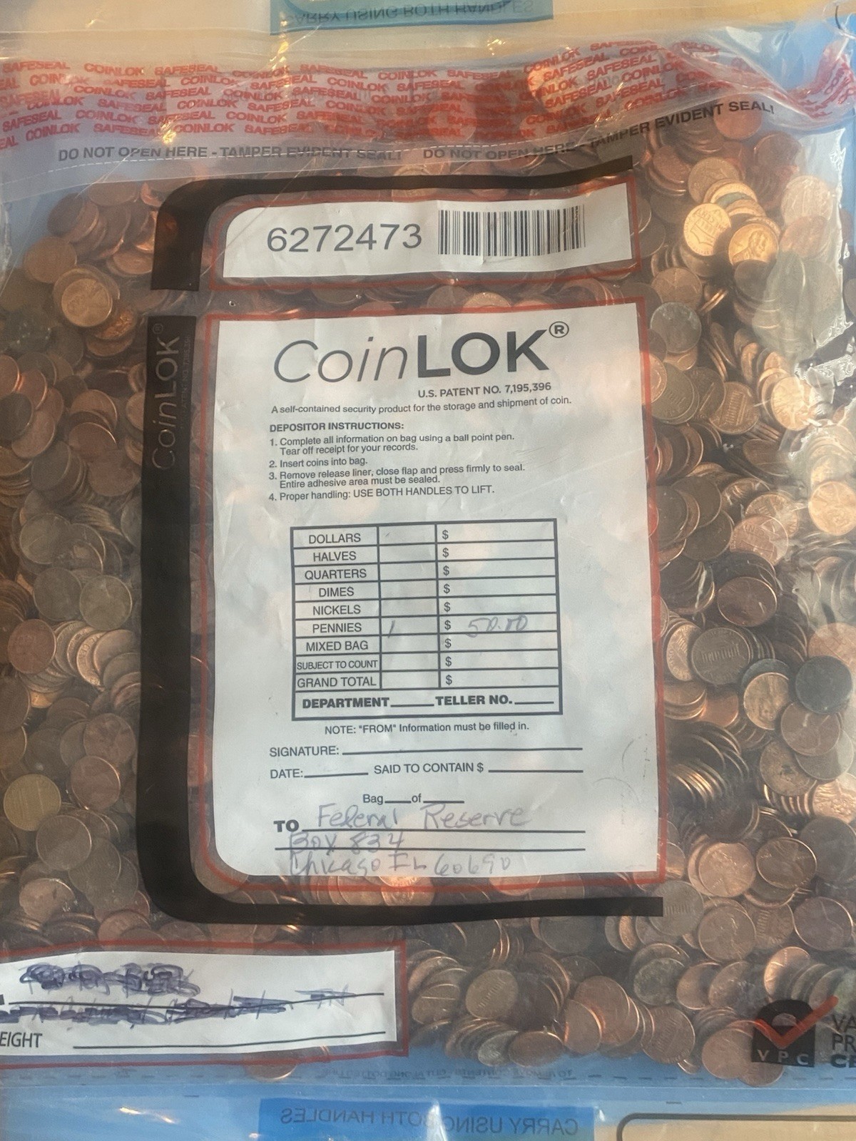 $50 Bank Bag Of 5000 Unsearched 5000 Pennies
