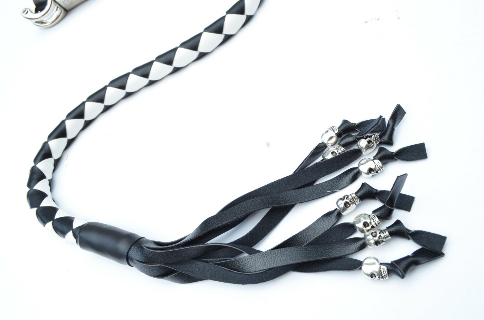 PU Leather Motorcycle Whip Get Back whip with Skull Tassles 36" BLACK / WHITE