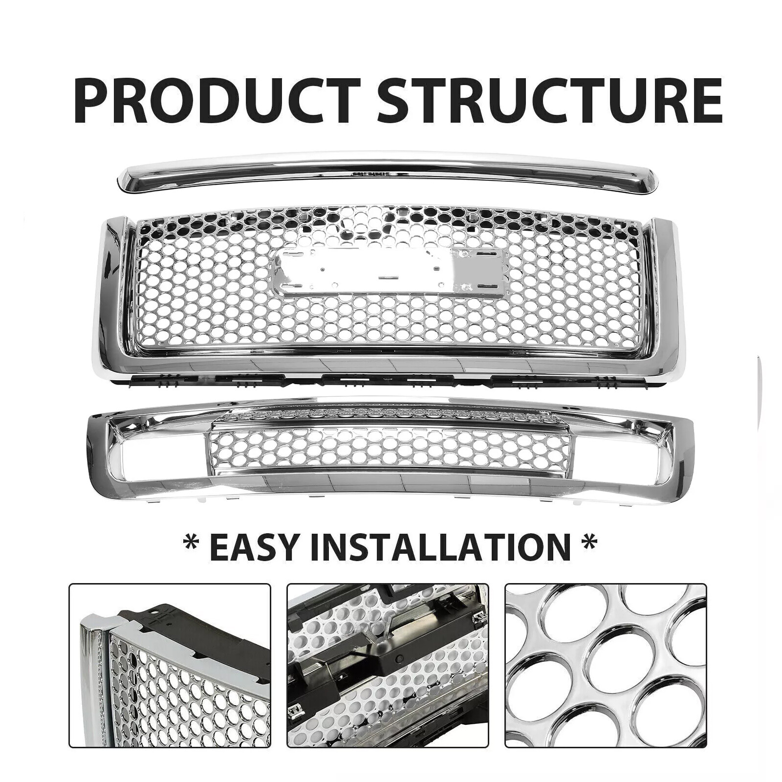 Front Upper & Lower Hood Grille + Hood Molding Trim For GMC Sierra 1500 2007-13