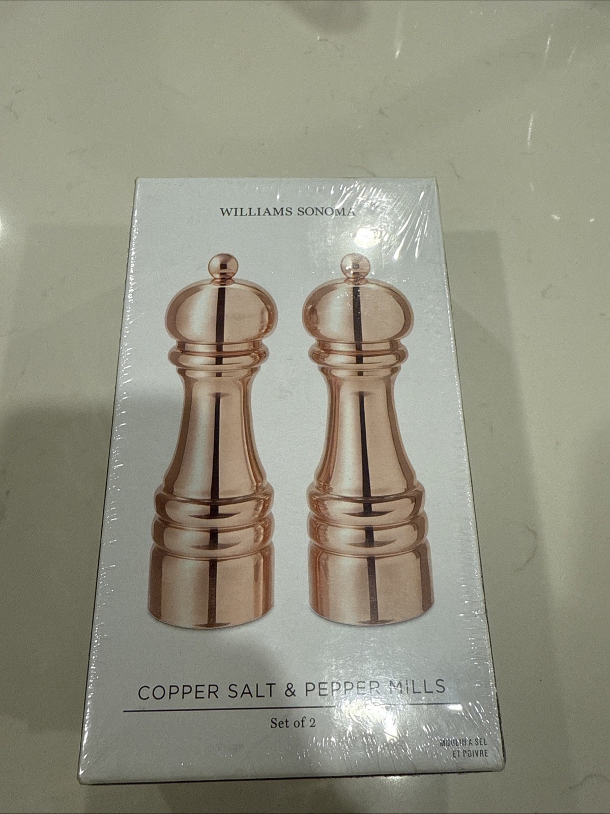 Williams Sonoma Polished Copper Salt & Pepper Mills Set, 7" MSRP $250