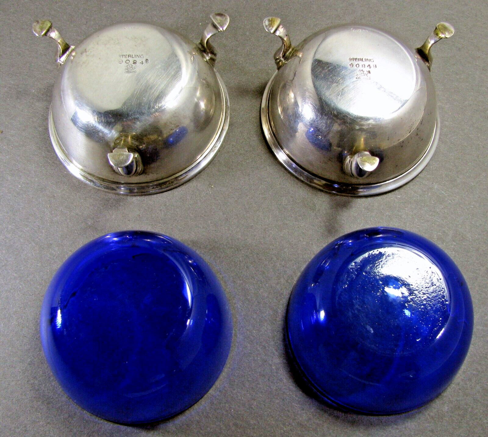 Sterling Silver Open Salt Cellars Pair with Cobalt Blue Liners