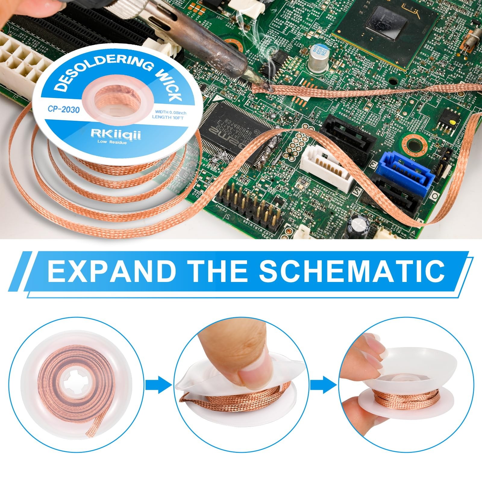 3Pcs Solder Wick Braid Kit with Flux, Low Residue Desoldering Wire 10ft Each