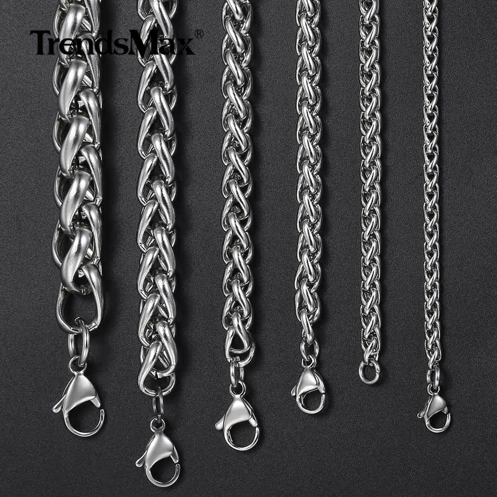3/4/5/6/8MM Mens Silver Stainless Steel Necklace Wheat Braided Chain 18-30" Gift