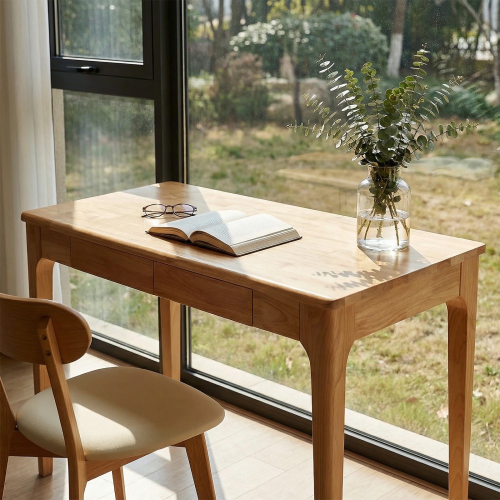 Solid Wood Desk w/ Drawers, Mid-Century Modern Home Office Desk, Study Bedroom