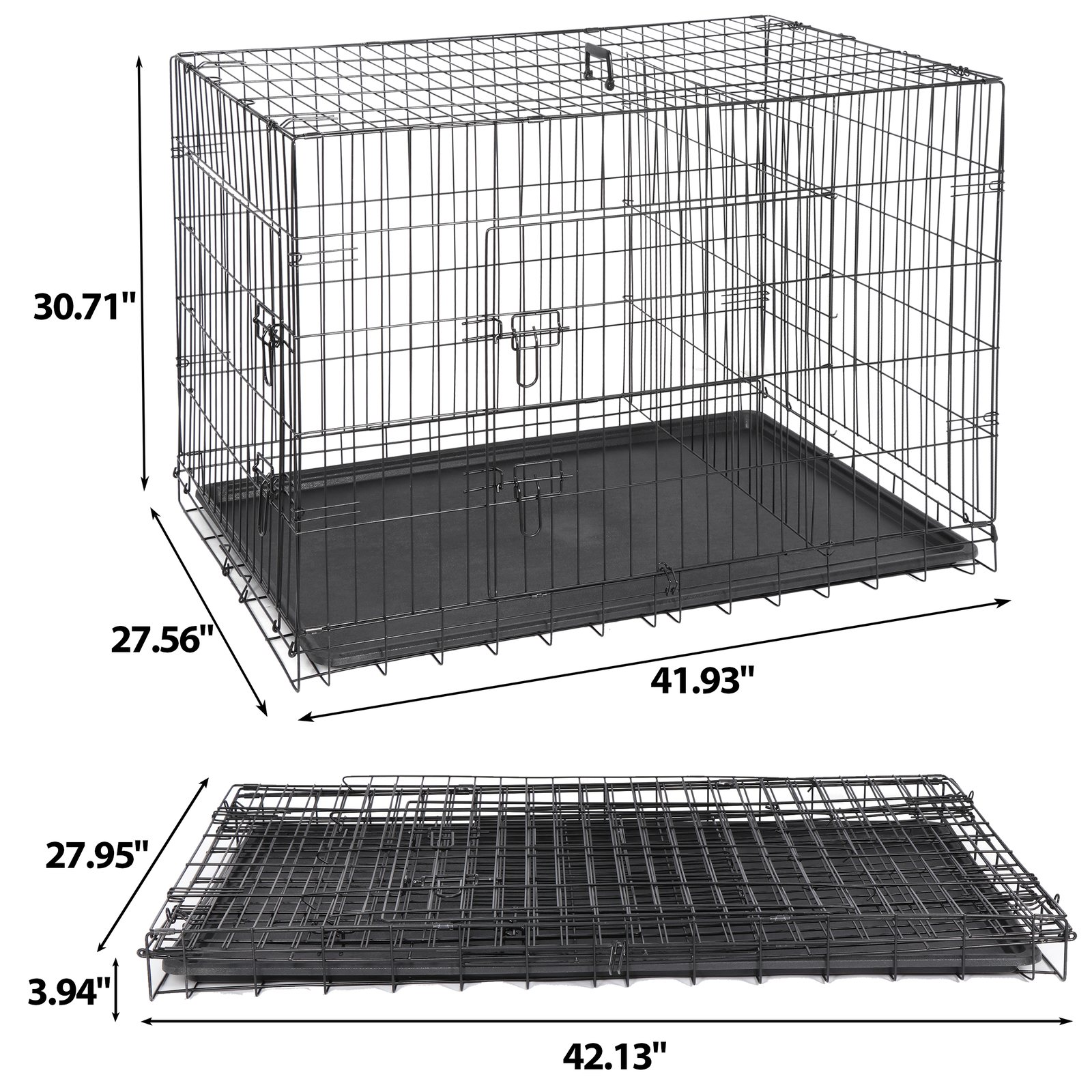 42" Large Dog Crate Kennel Folding Pet Cage 2 Door With Tray Indoor Dog House