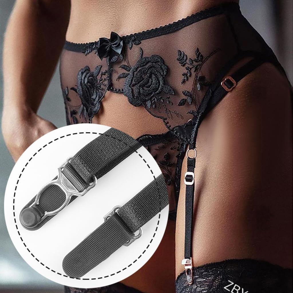 Lace Garter Belt Thong Set for Women Suspender Lingerie with 4 Metal Clips Holde