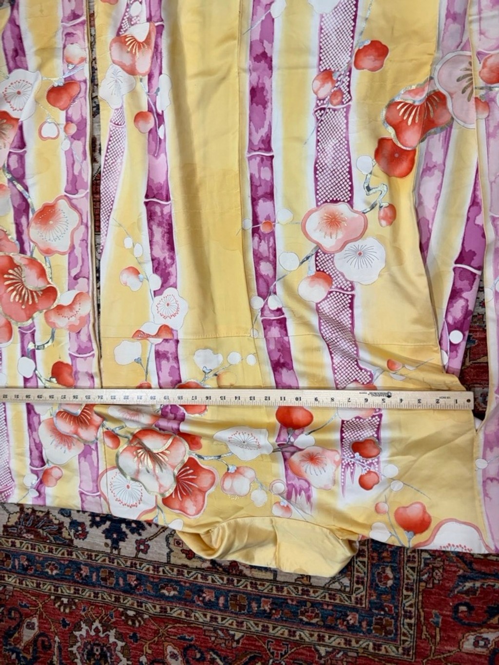 Vintage Mitsukoshi Silk Kimono Yellow Floral Gold Handpainted Long Robe Japan