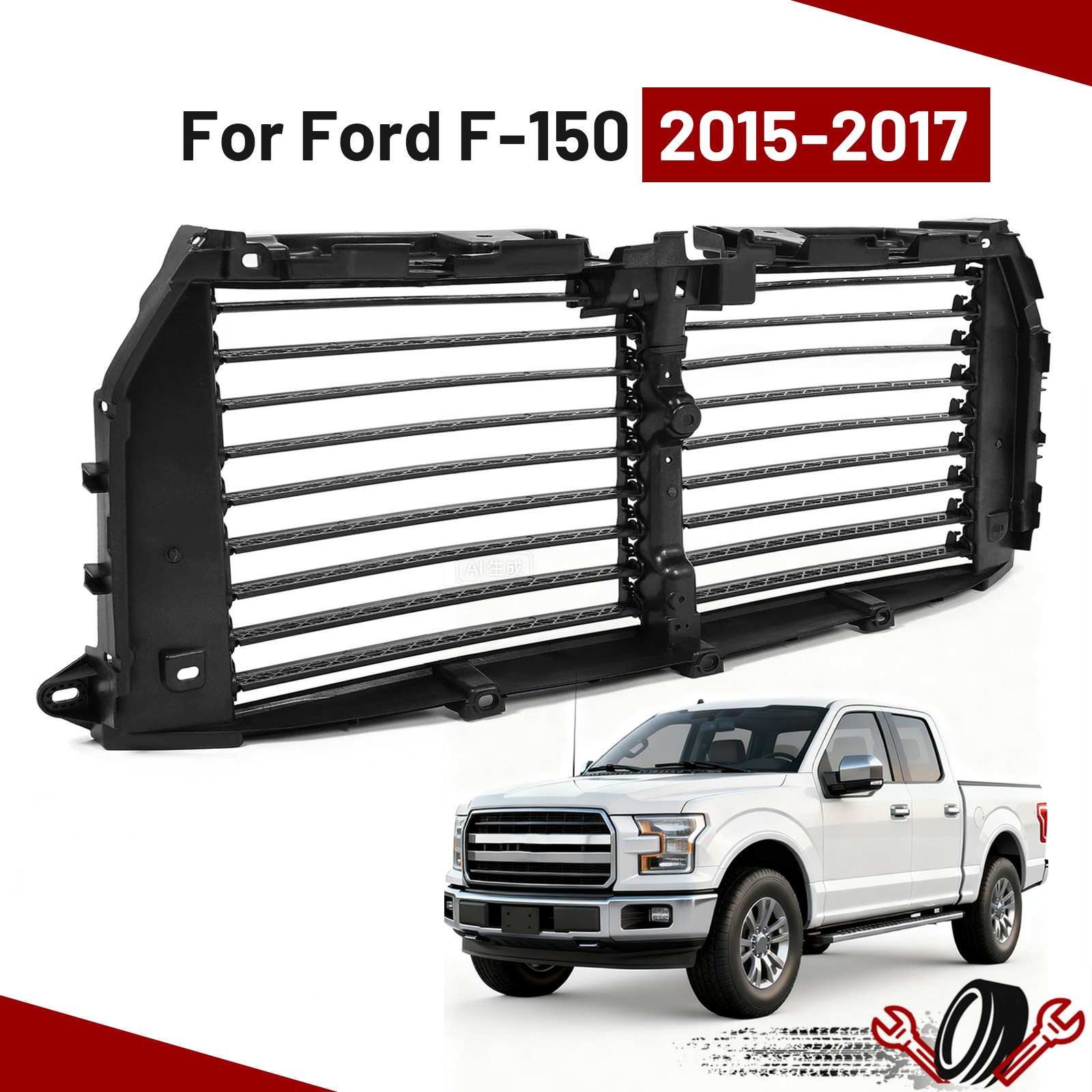 For Ford F-150 2015-2017 Front Upper Radiator Grille Air Shutter Assembly Black