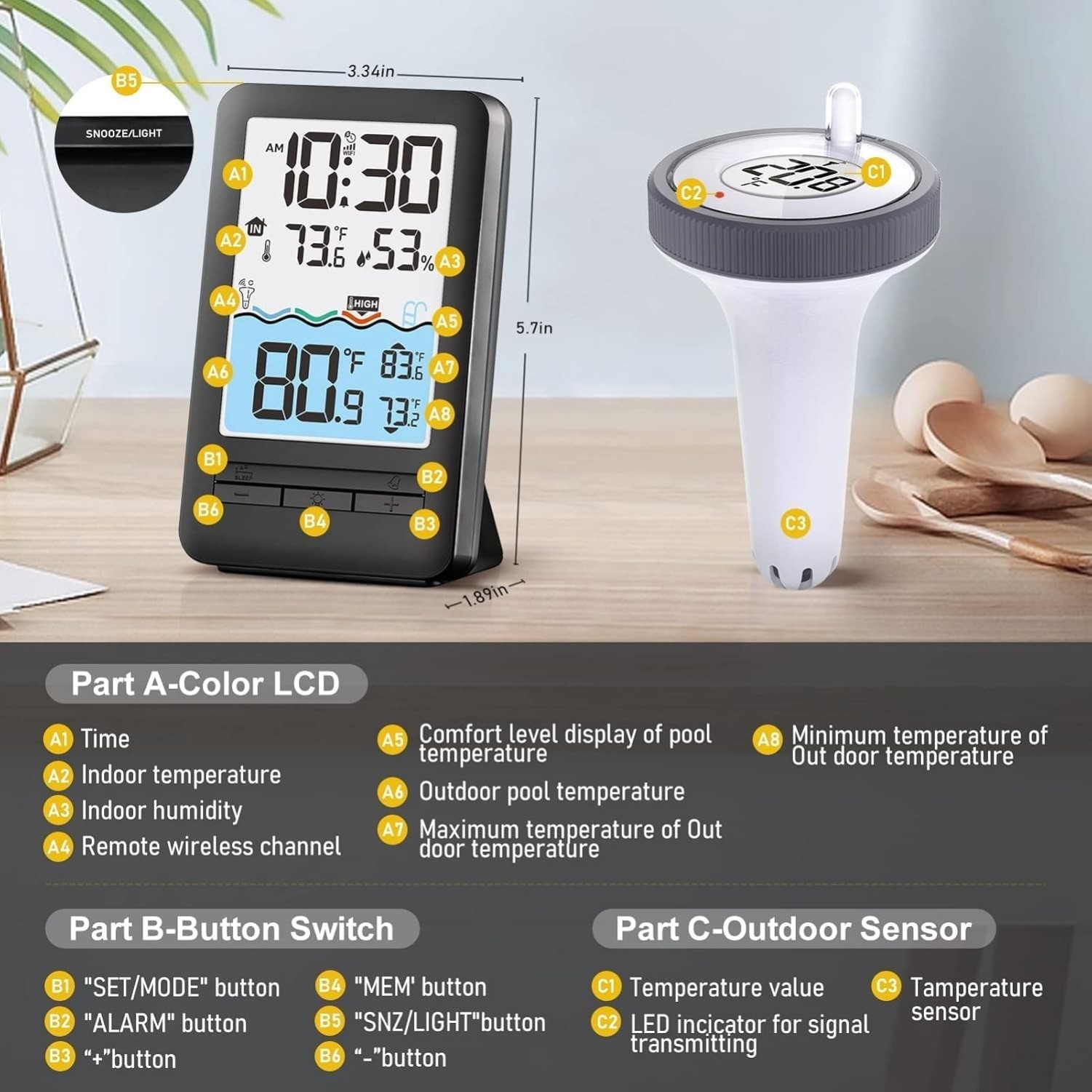 Wireless WiFi Pool Thermometer 4" Digital LCD Display Water Swimming Pool