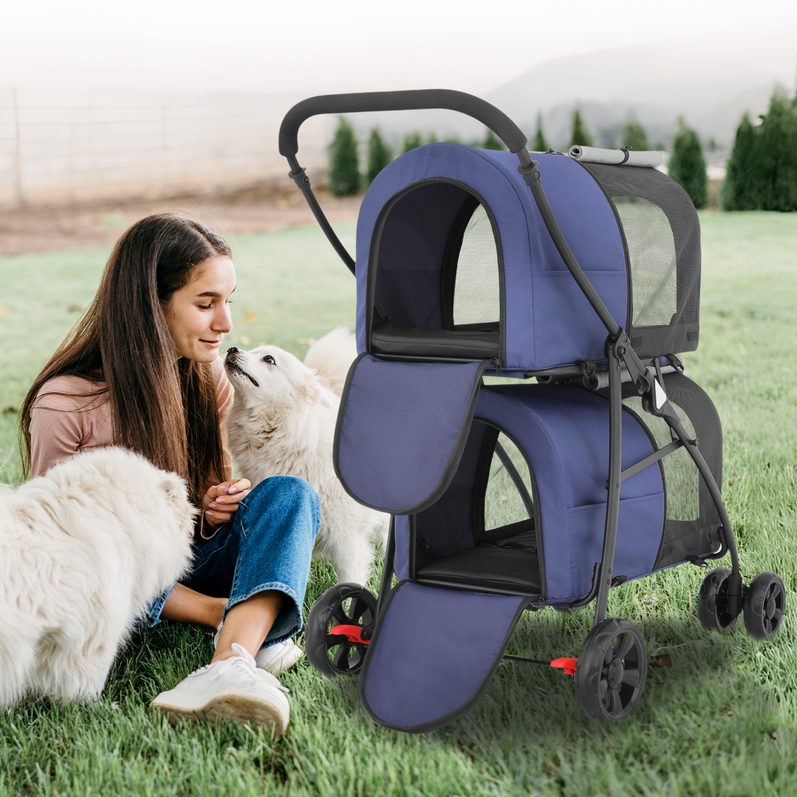 4 Wheels Double Breathable Pet Dog Stroller Folding Cat Cage Pet Travel Carrier