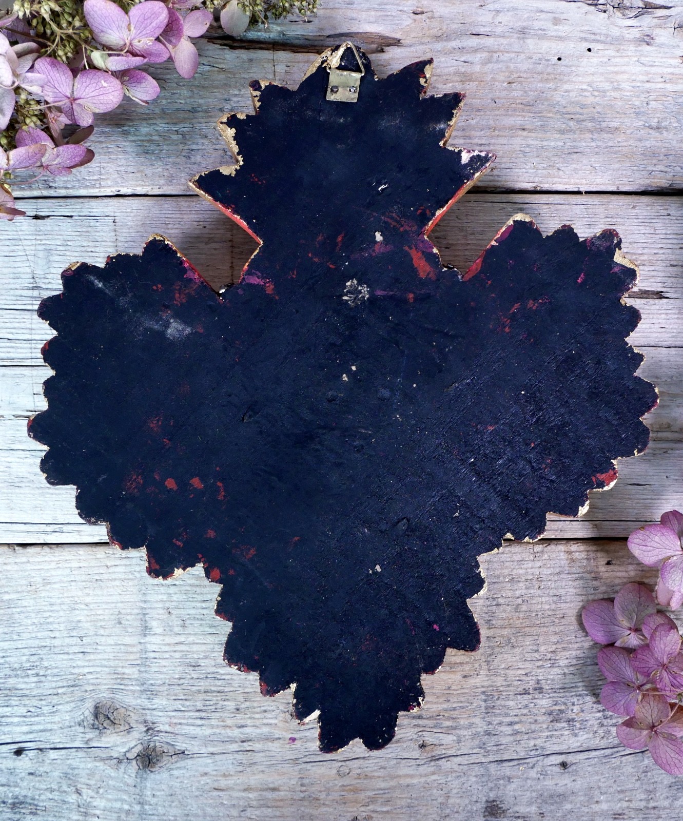 Heart Gold Starburst Milagros Guadalupe Wood Handmade Michoacan Mexican Folk Art