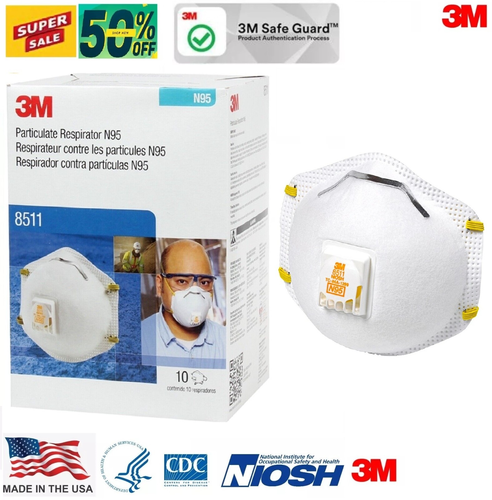 3M 8511 N95  Particulate Respirator Masks w/ Exhalation Valve
