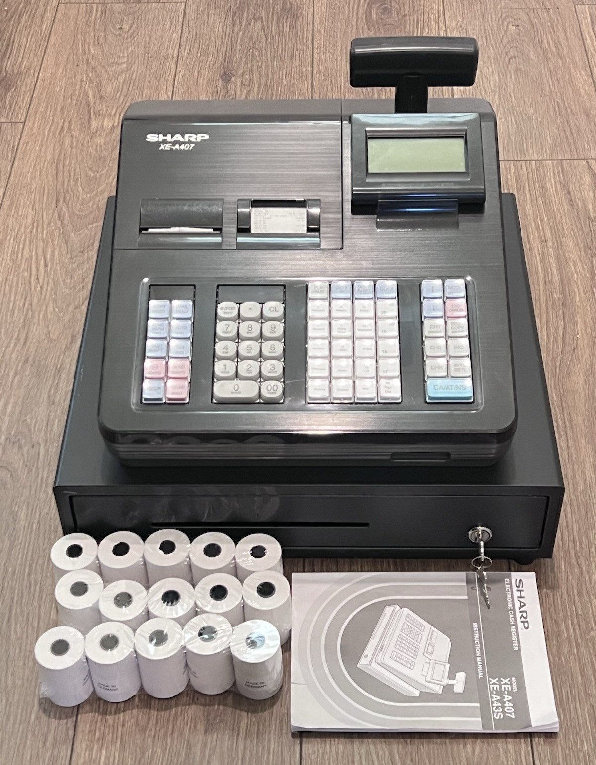 Sharp XE-A407 Cash Register Dual Thermal Printer with Keys, Cash Drawer & Manual