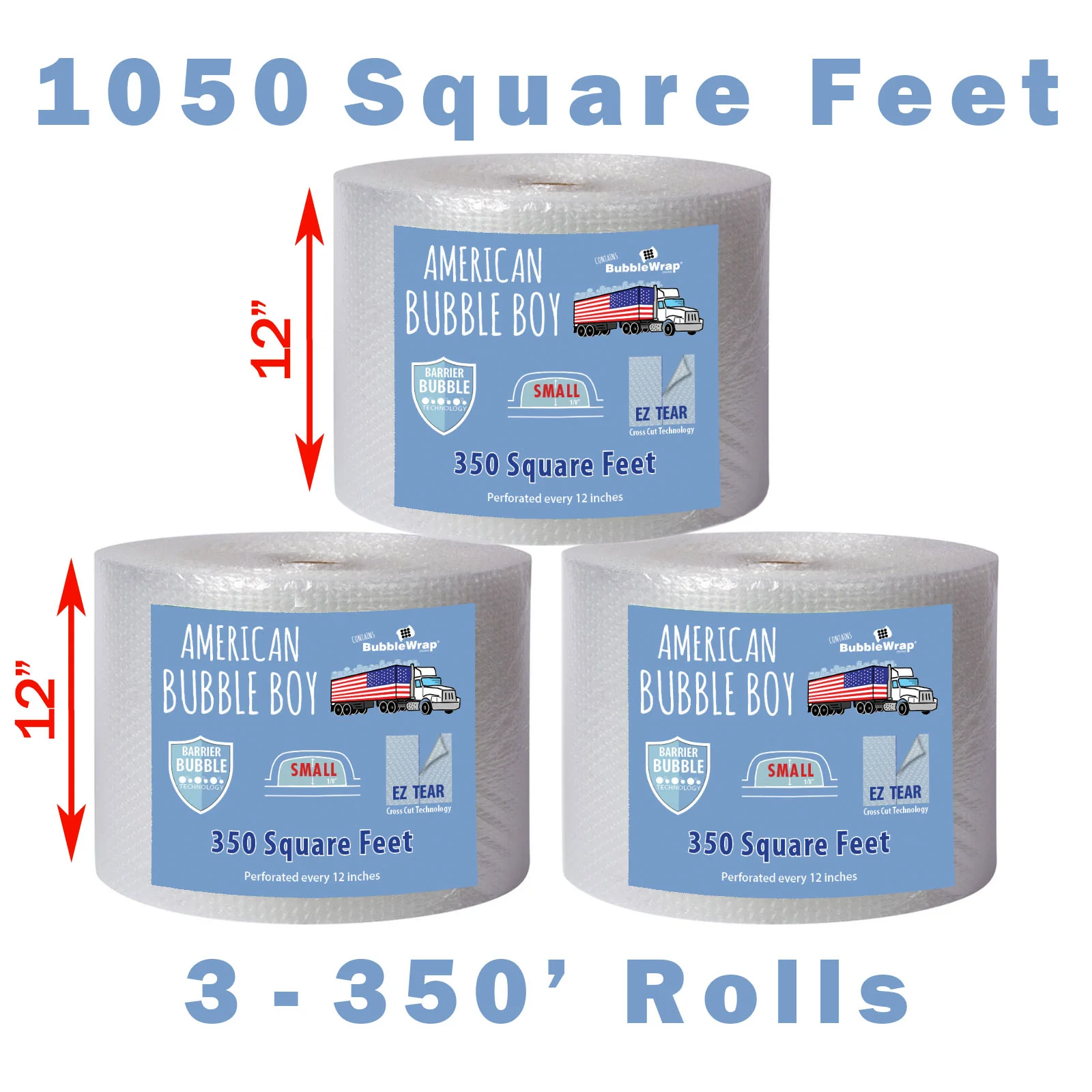 American Bubble Boy Wrap, 1050 Square feet, 1/8" (Small) Size Bubbles, 12" Wide,