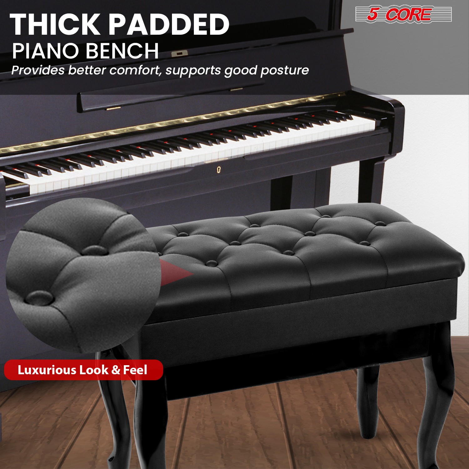 5 Core Piano Bench 3" Padded Cushioned Stool Wooden Heavy Duty Musician Chair