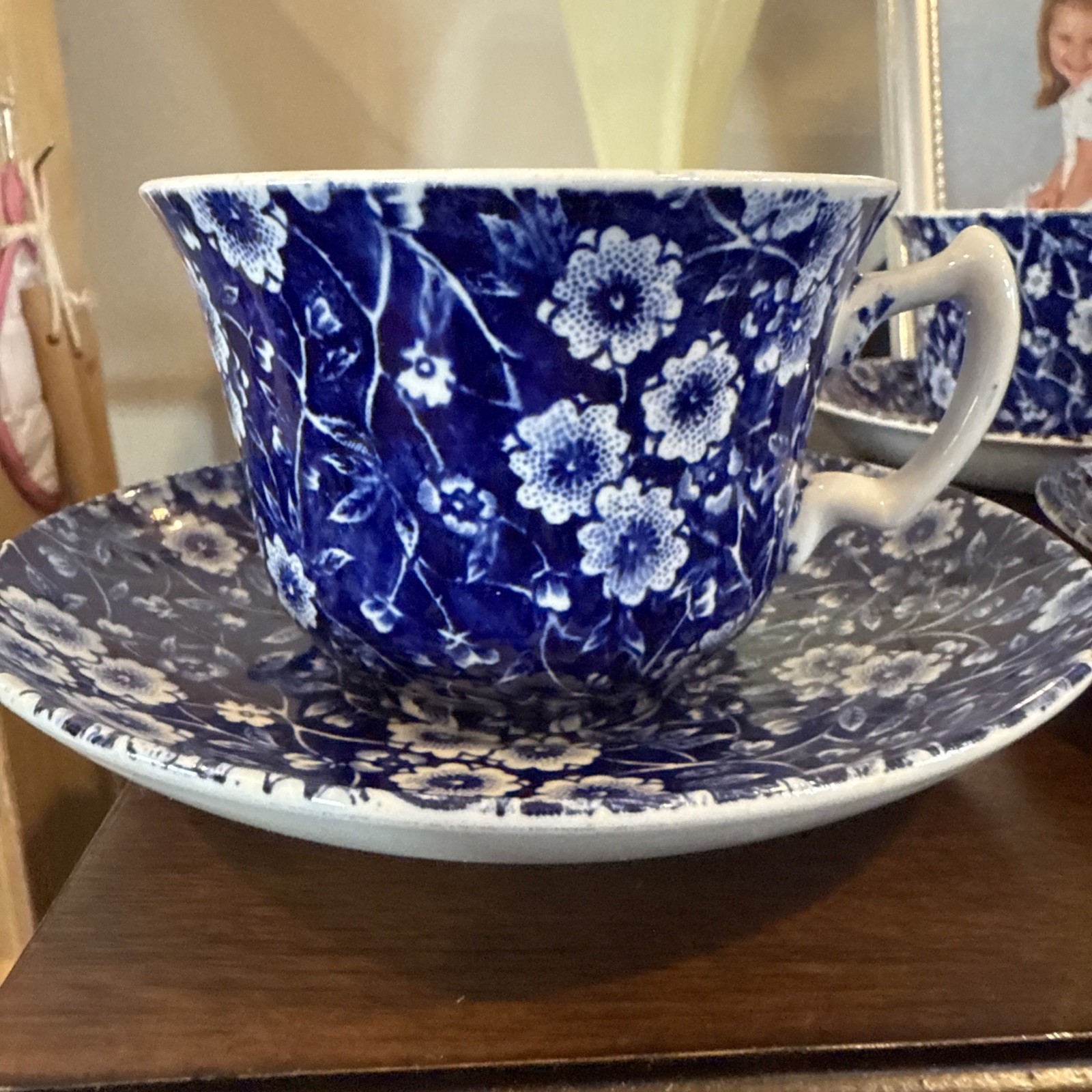 Vintage ROYAL CROWNFORD Blue Calico Cup & Saucer 13 Sets Sold Each Excellent