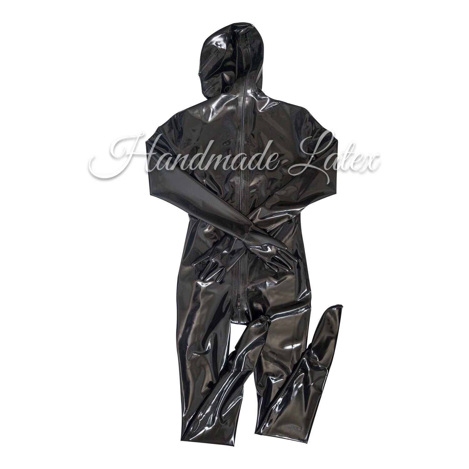 Men Latex Chest Zip Catsuit Hood Zip Penies Sheath Rubber Bodysuit Customized