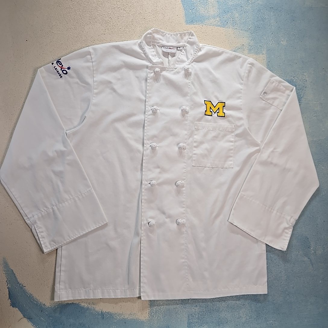 Chef Works White Double Breasted Chef Coat Mens L University of Michigan Sodexo