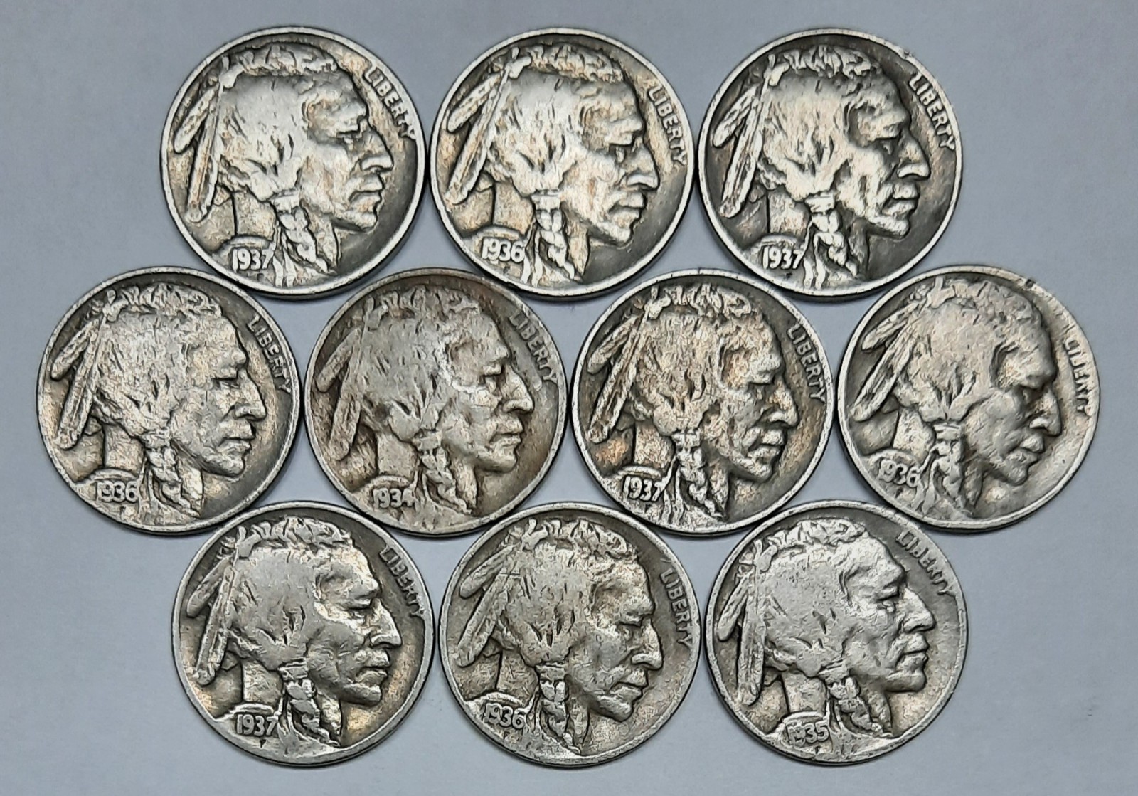 Ten 10 FULL DATE Buffalo Nickels!