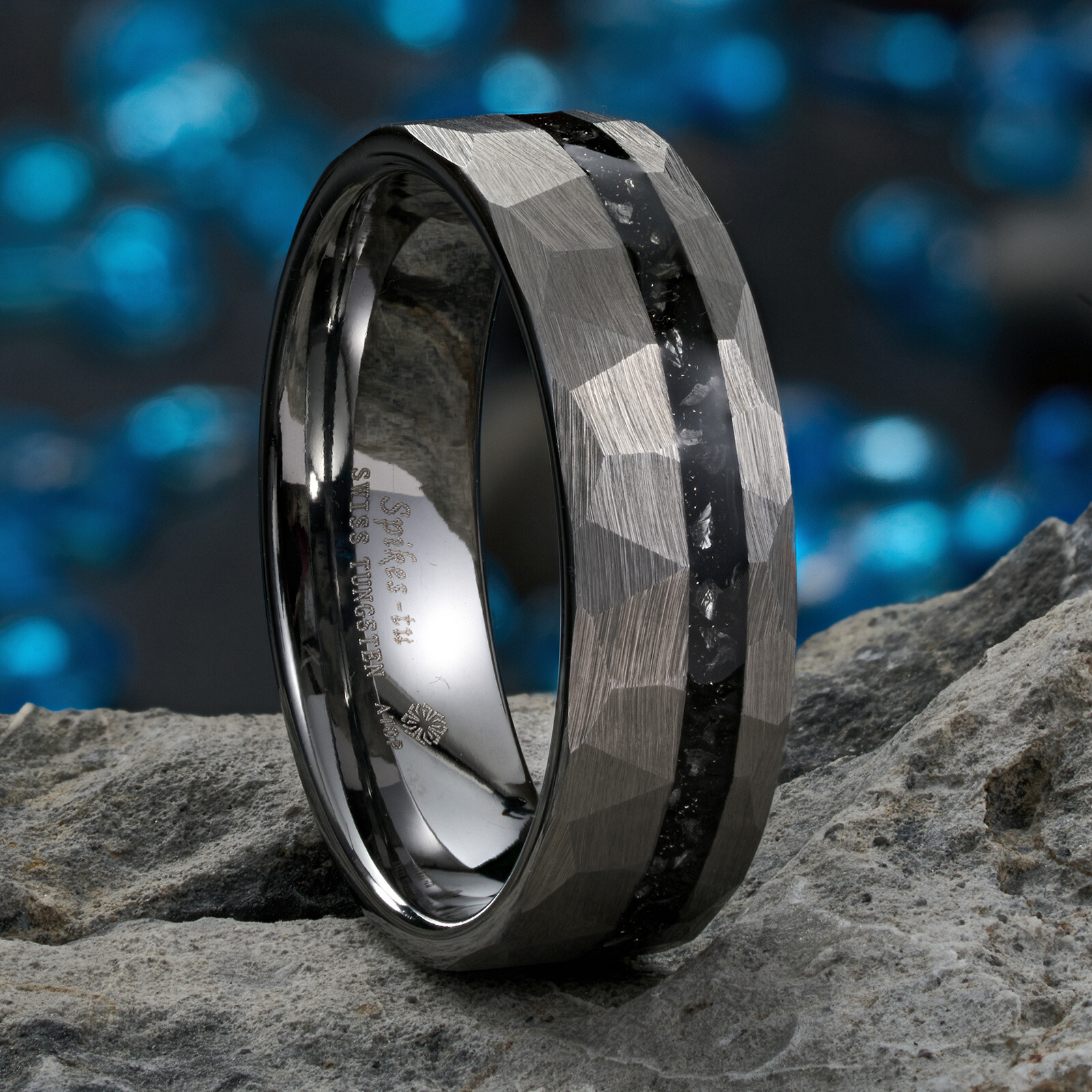 8mm Sliver Meteorite Tungsten Ring Black Line Mens Wedding Band ATOP Jewelry