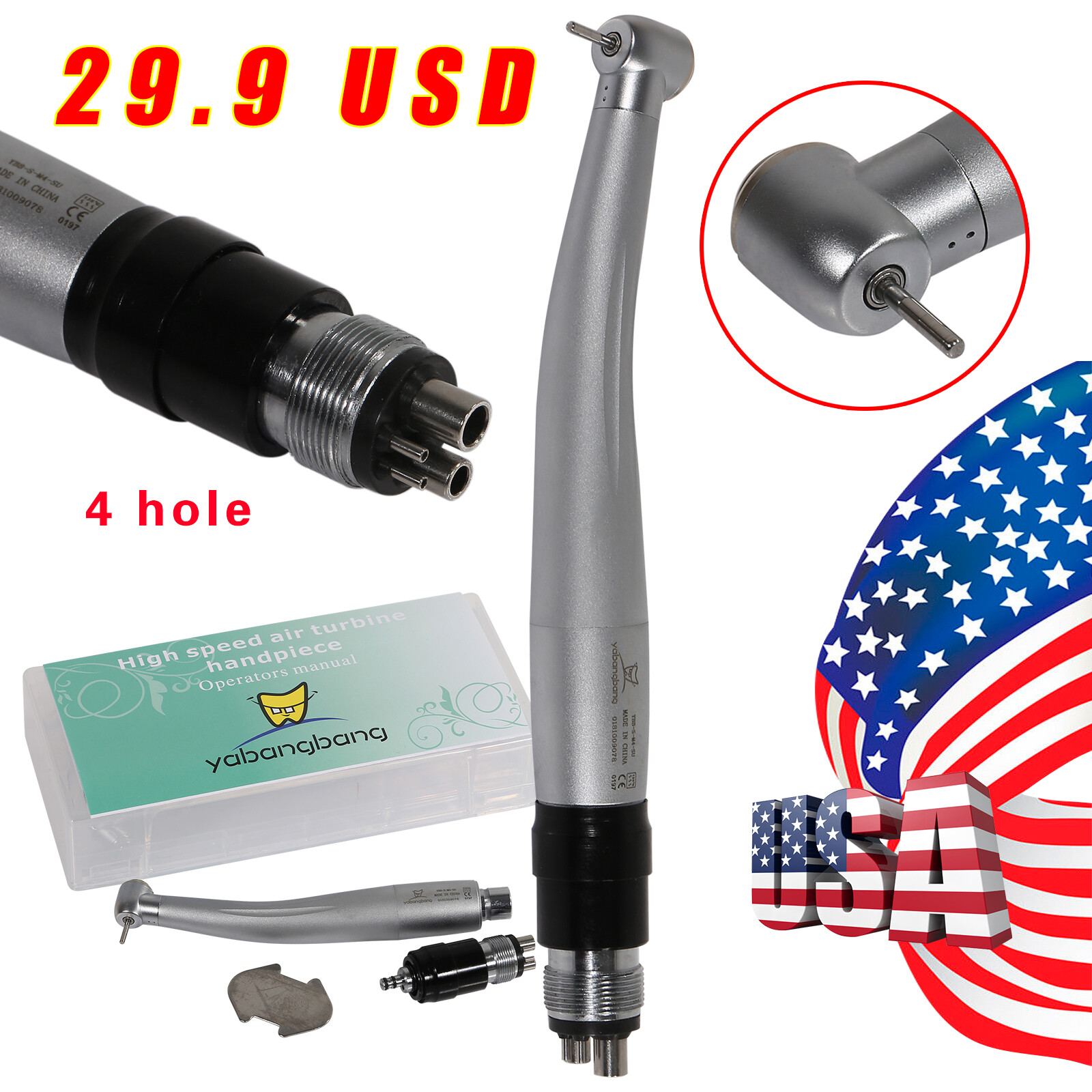 Yabangbang Dental High Speed Turbine Handpiece with 4 Hole Quick Coupler fit NSK