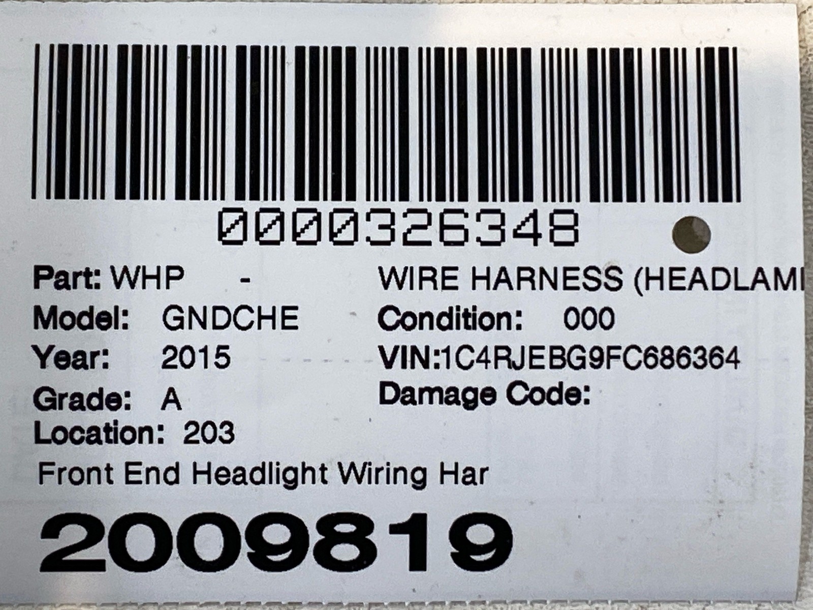 2015 JEEP GRAND CHEROKEE Front End Headlight Wiring Harness 68237628AC OEM