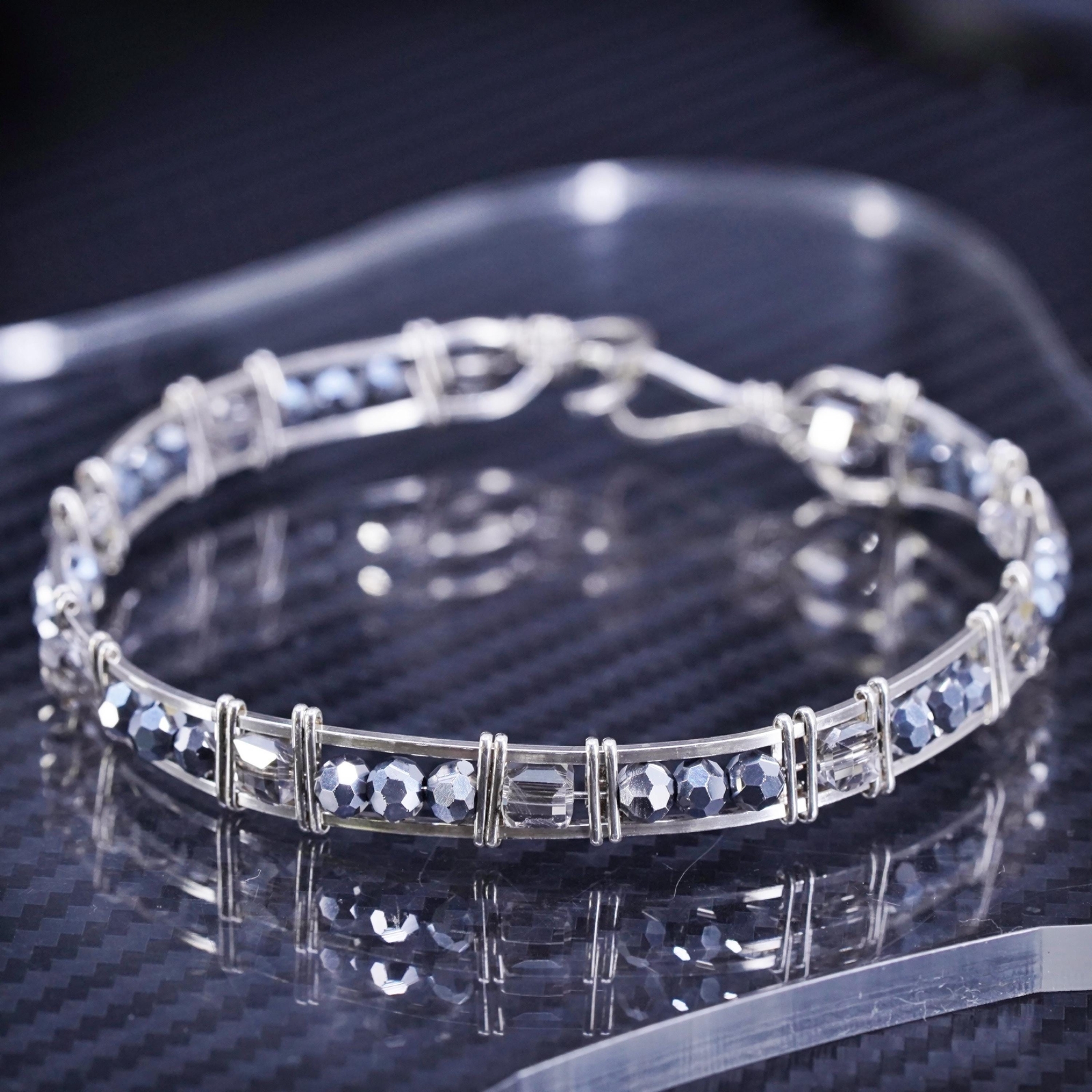 7.5”, Mexican sterling silver wired 925 hinged bangle, bracelet cluster crystal