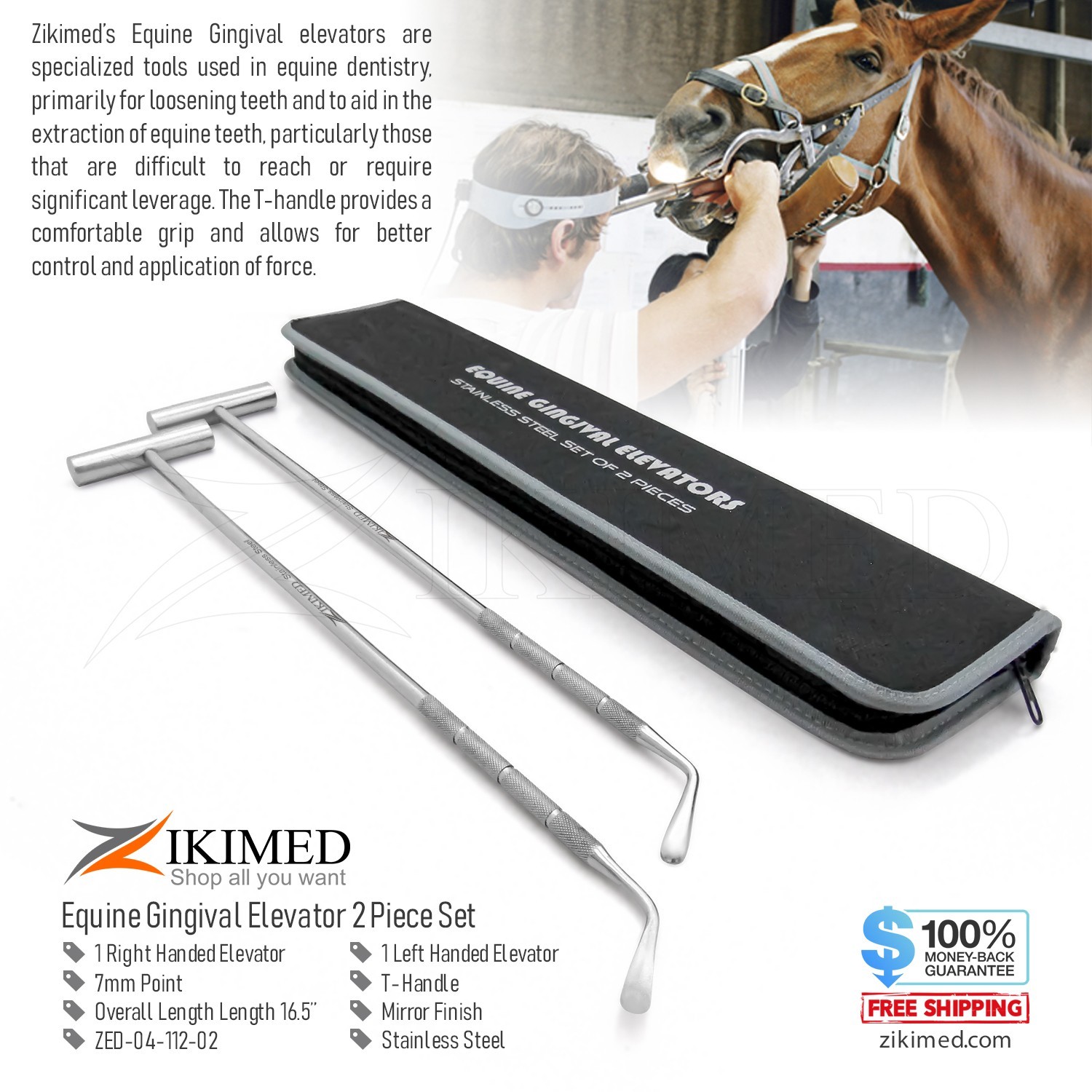 Equine Dental Gingival Elevator 2-pcs Set Stainless Steel 16.5" Long