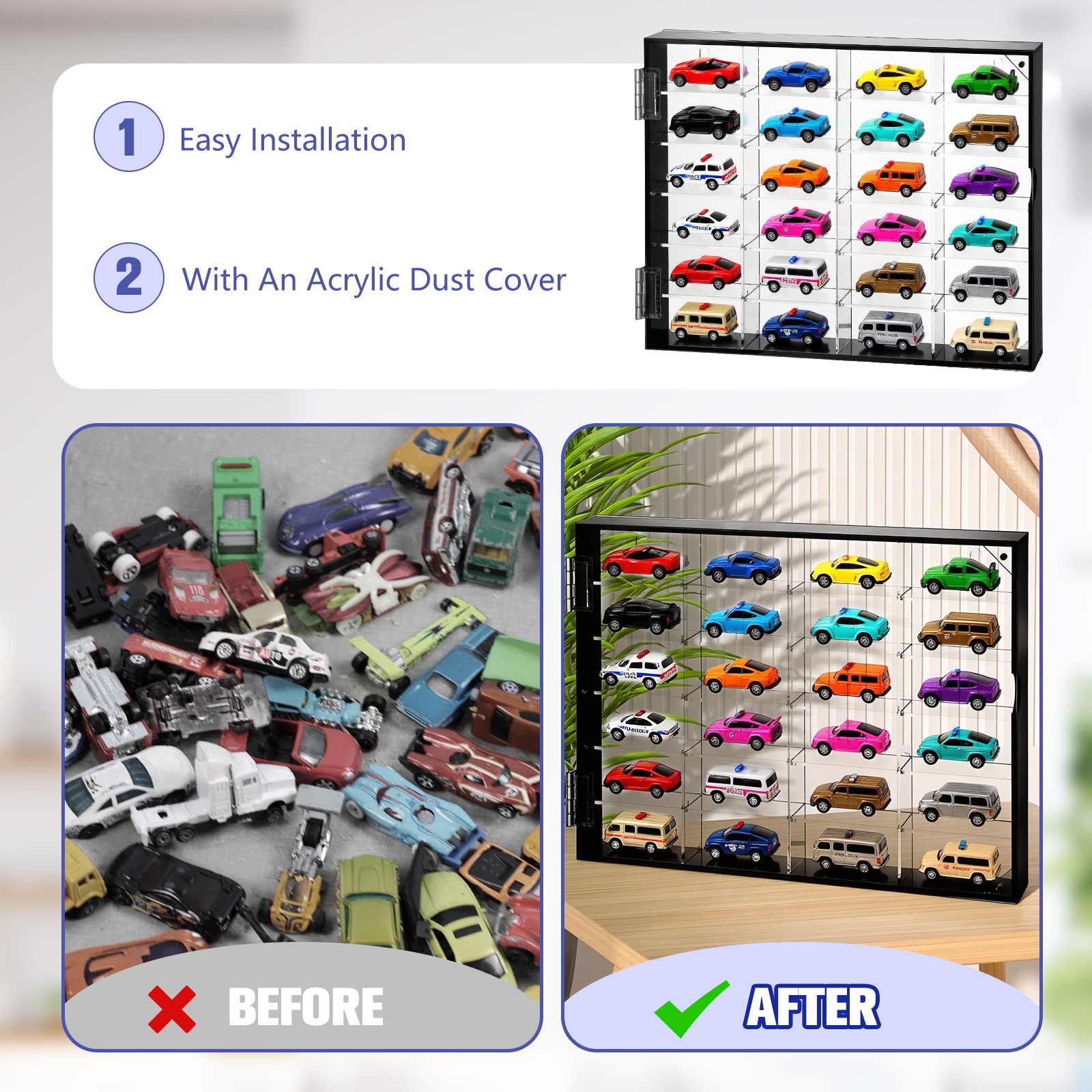 24-Slot 1/64 Scale Toy Car Display Case for Hot Wheels Matchbox w/ Magnetic Door