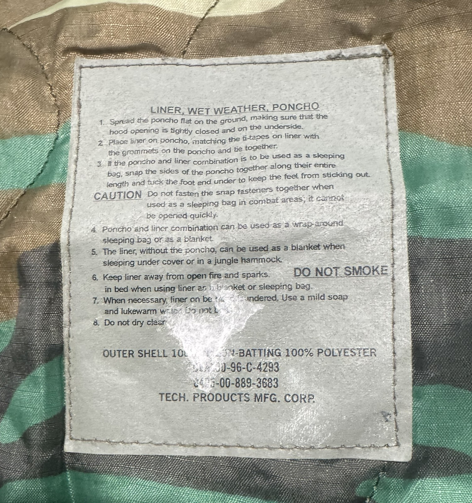 Military Style Tech Products Wet Weather Poncho Liner