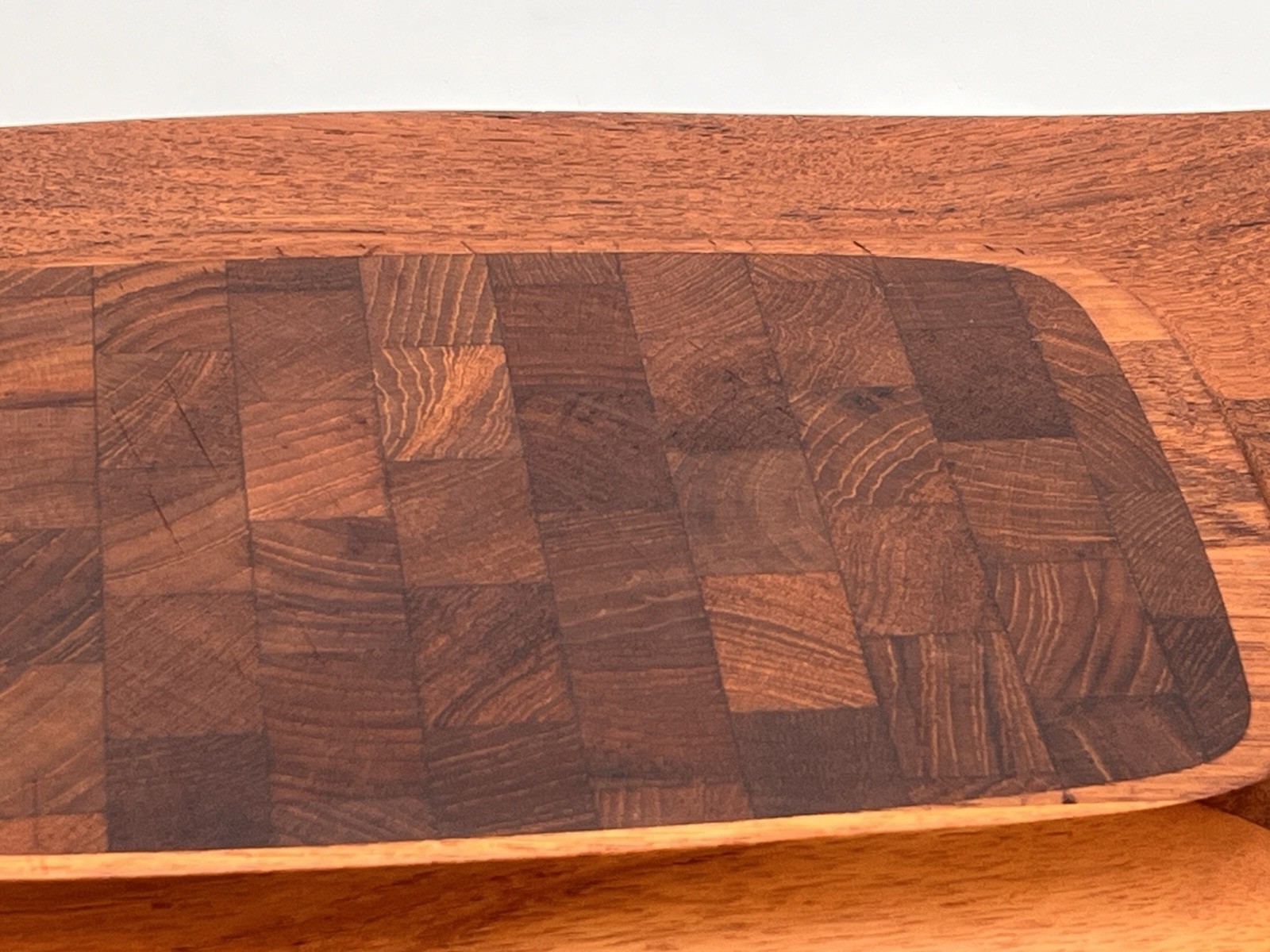 Large DANSK DESIGN IHQ Denmark Staved Teak Cutting Board Ducks Logo 18 x 12" MCM