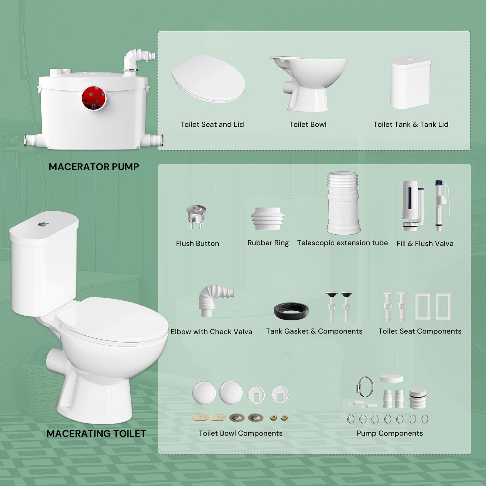 750W Macerating Toilet System Upflush Toilet with Pump 4 Inlets for Basement
