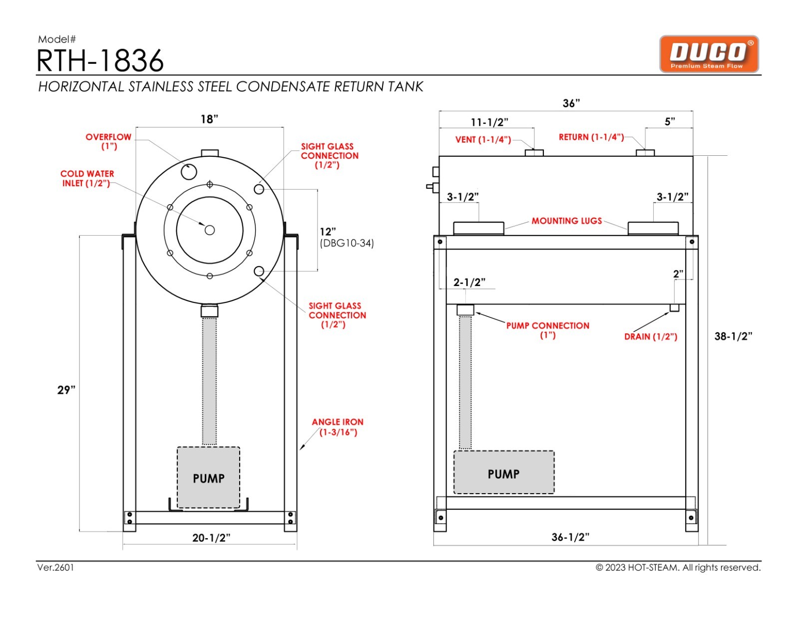 18"x36" STAINLESS STEEL (40 GALLON) BOILER CONDENSATE RETURN TANK COMPLETE SET