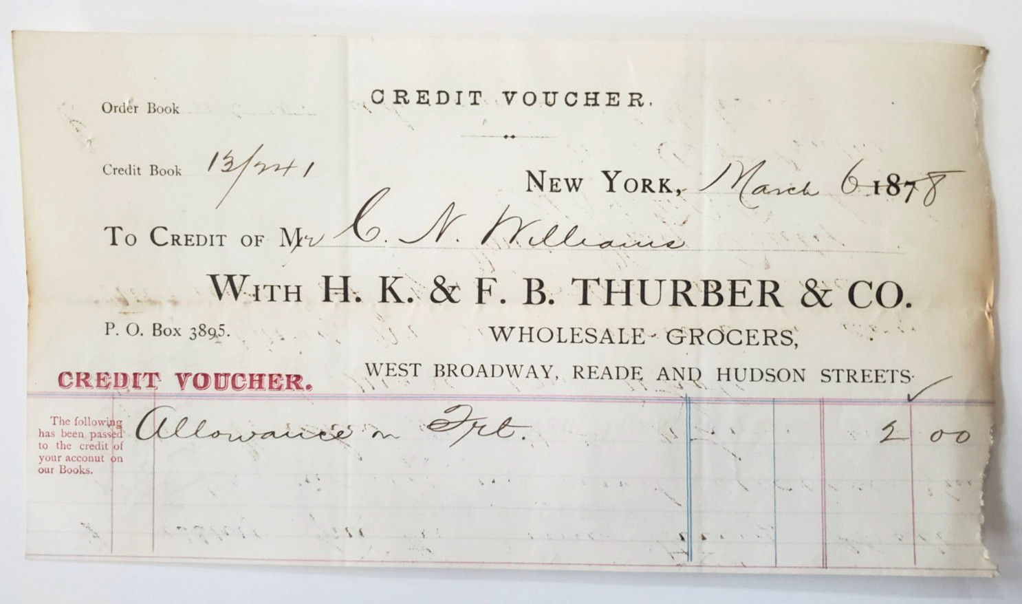 1878 Credit Voucher, H.K & F.B. Thurber & Co, Wholesale Grocers, New York City