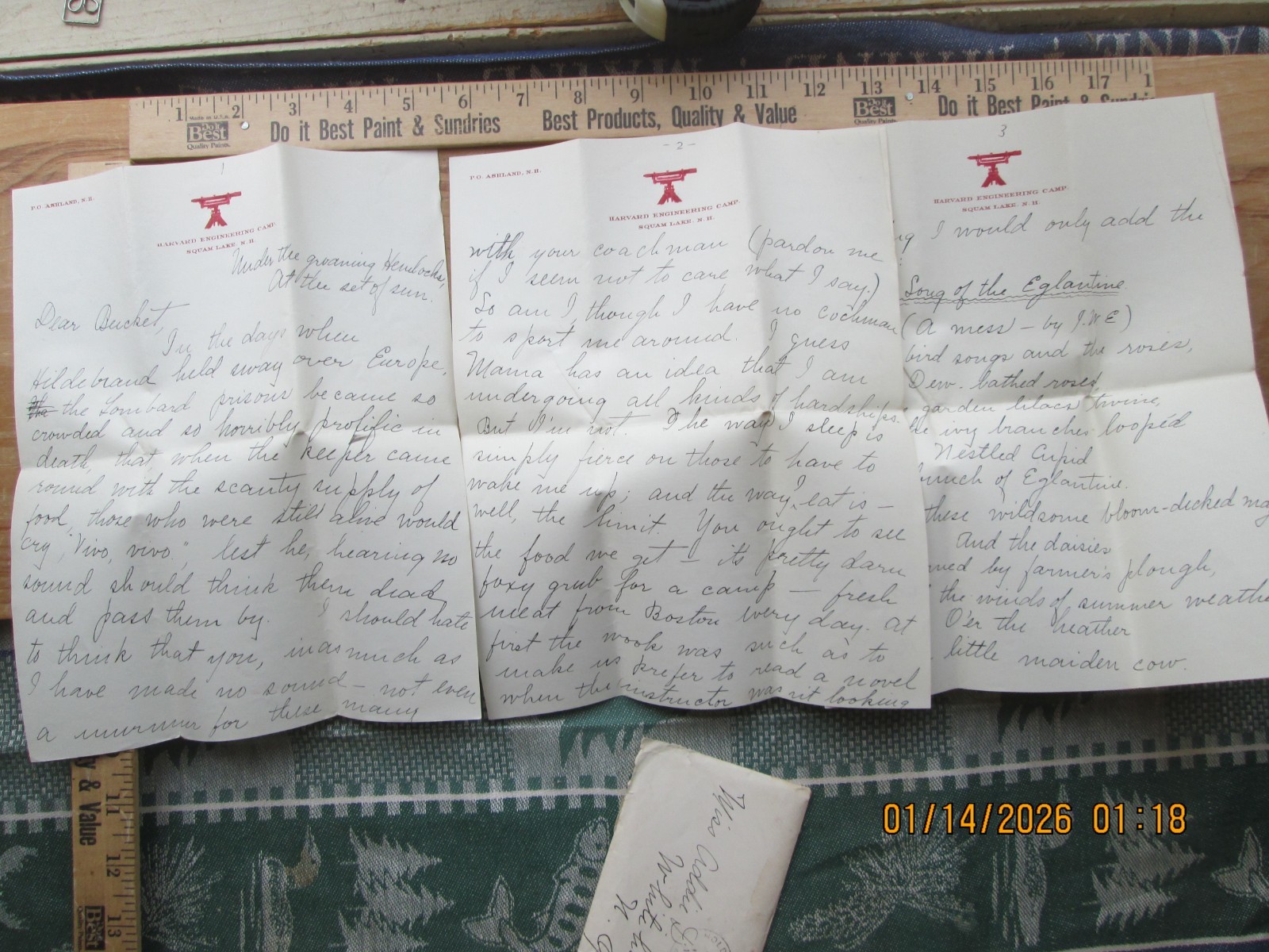 1901 Harvard Engineering Camp Squam Lake Ashland NH letter