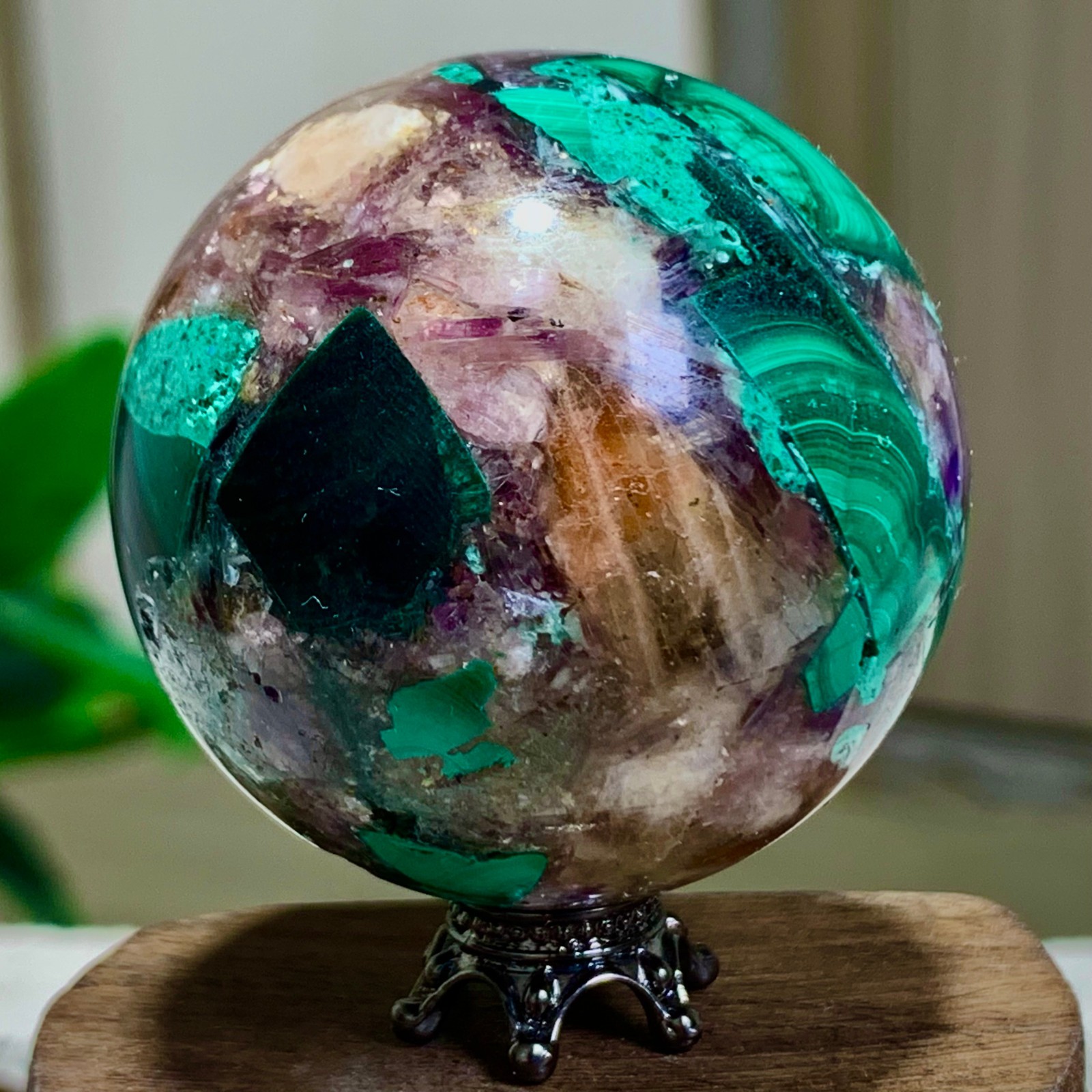 129G Newly discovered rare malachite purple mica symbiotic sphere restoration