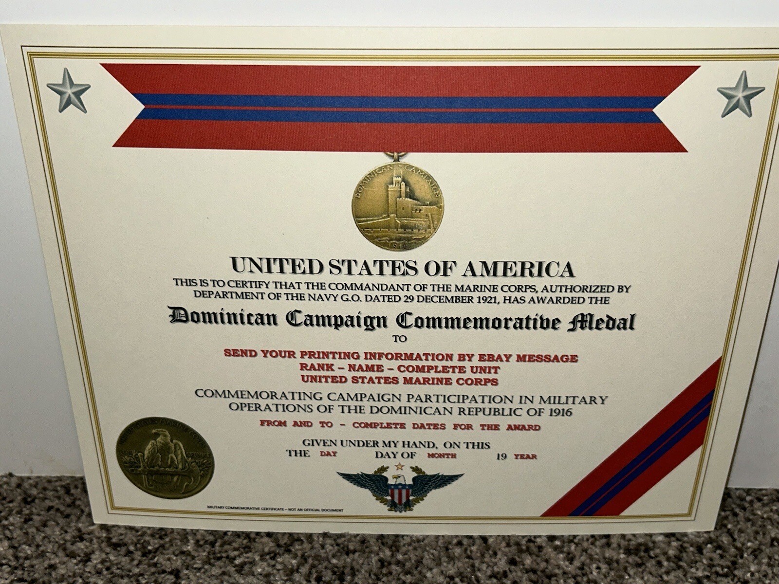 DOMINICAN CAMPAIGN (USMC) COMMEMORATIVE MEDAL CERTIFICATE ~ W/PRINTING TYPE-1