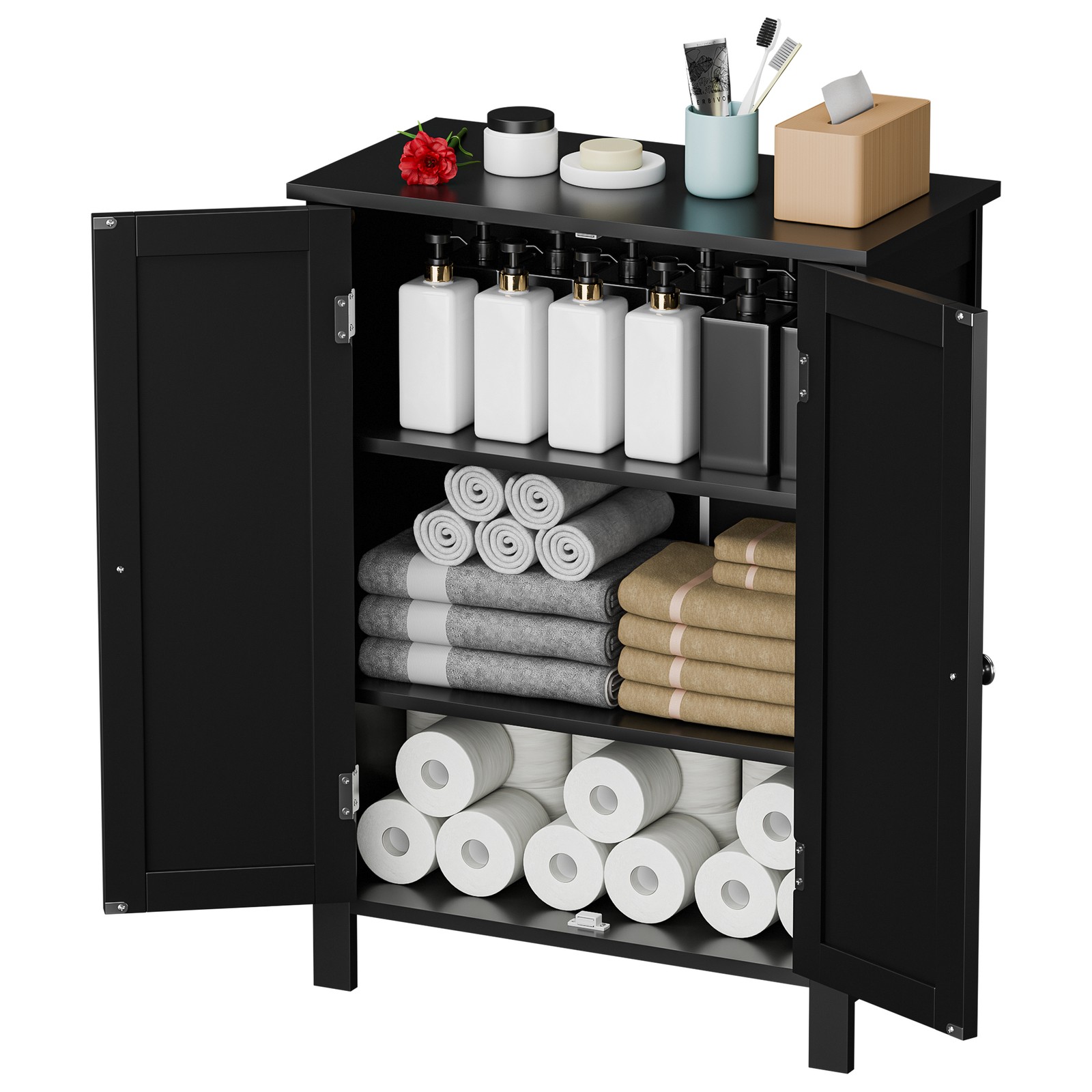 Bathroom Floor Storage Cabinet with Adjustable Shelf Double Door Organizer Black