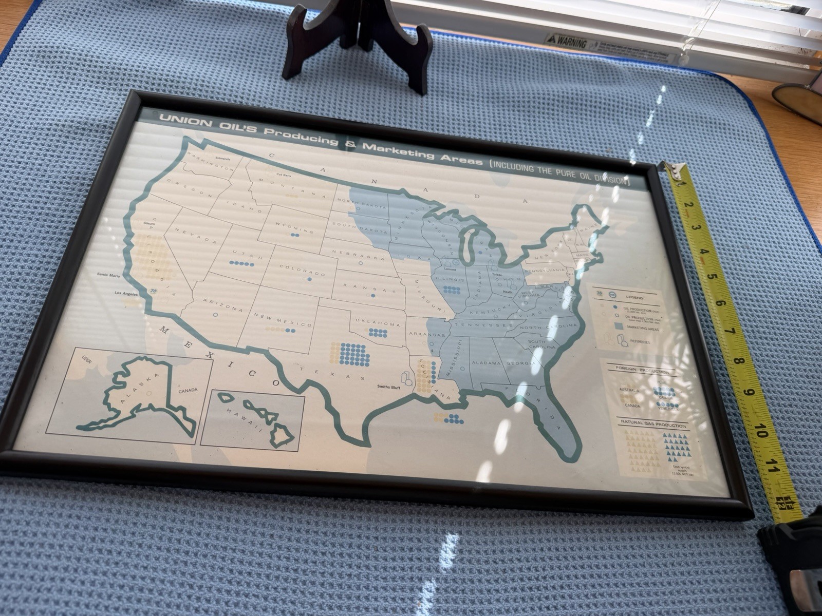 ANTIQUE UNION 76 OIL PRODUCING & MARKETING AREA REFINERIES FRAMED U.S. MAP