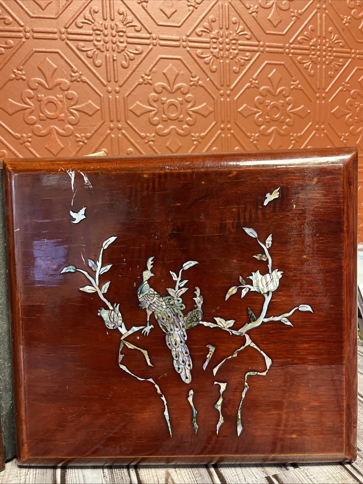 Asian Wood Inlayed Photo Album Abalone Shell Peacocks Flowers Music Book Vintage