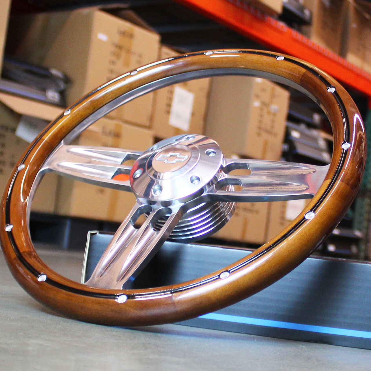 14" Inch Polished & Wood Steering Wheel Chevy Bowtie Horn , 6 Hole C10 Camaro