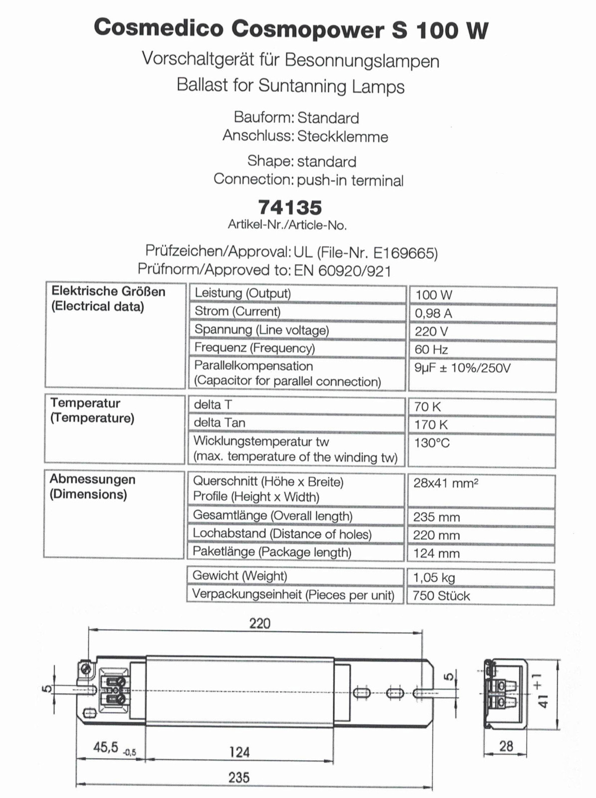 CosmoPower 100W Long Choke Tanning Bed Ballast 220V 60Hz #74135 -Sunbed Parts