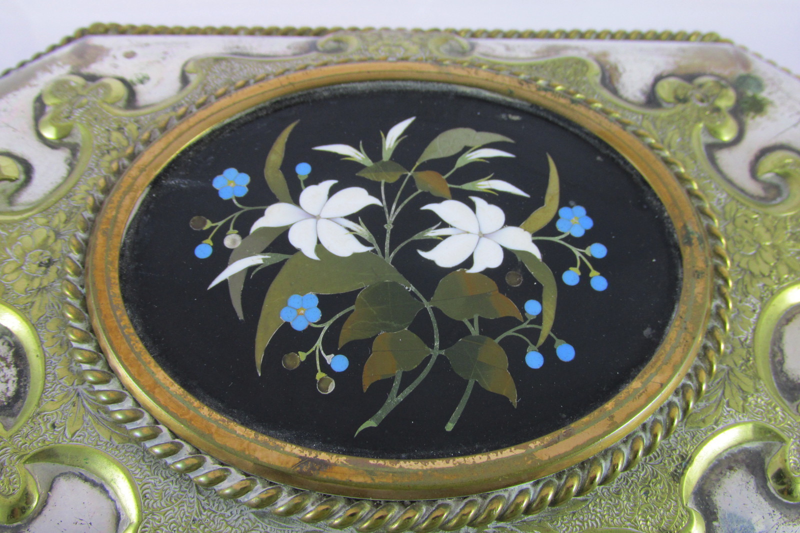 Victorian English Howell James Silver Plate Black&Green Tea Casket Pietra Dura