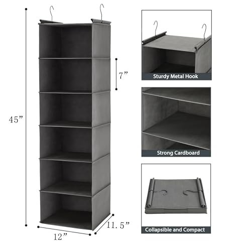 6-Tier Hanging Closet Organizer Shelf with 2 Hooks, Foldable Storage Solution -