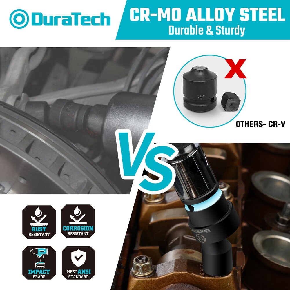 DURATECH 16PC 3/8" Dr Swivel Socket Set Shallow Universal Impact Metric 8mm-24mm