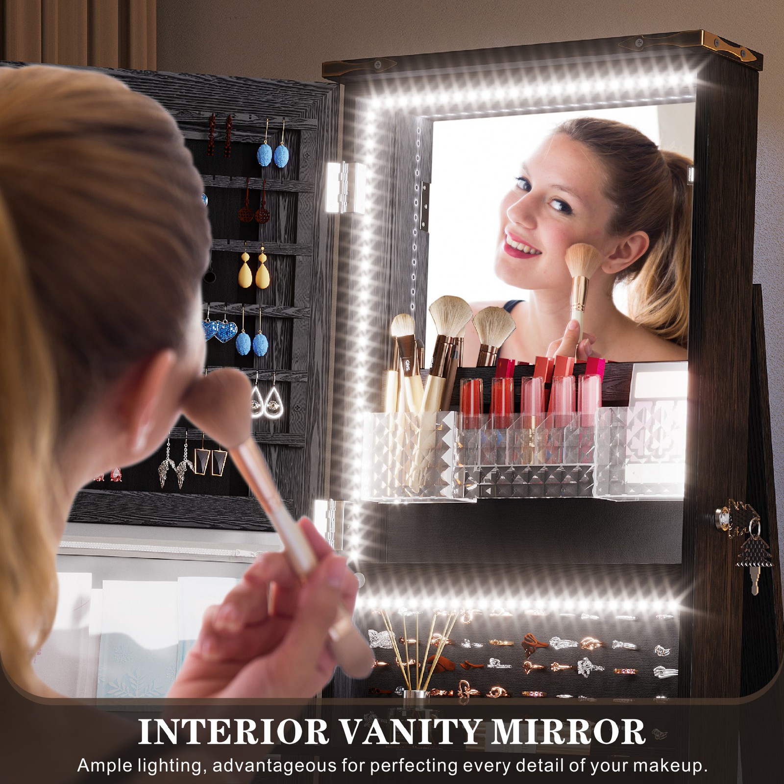 360°Swivel Jewelry Armoire Cabinet with Full Length Mirror/LED Lights/Drawers