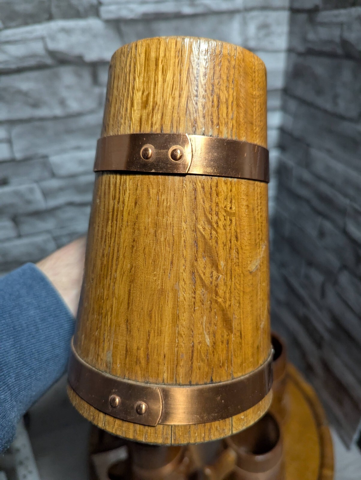 Vtg Set Of 5 Wood & Copper Beer Mug Stein Tankard Cups w/Tray Viking Bar Decor