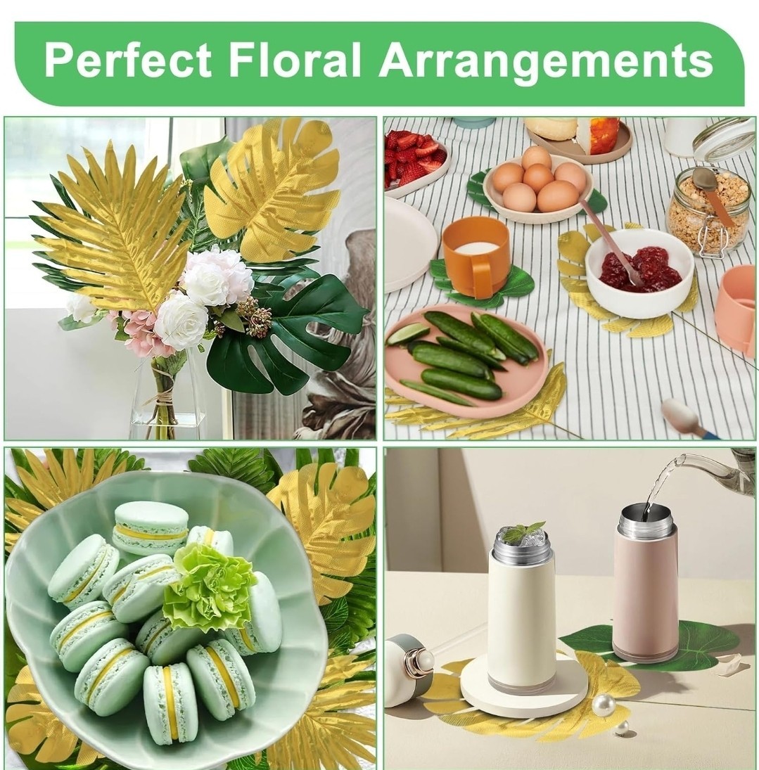 112 Pieces 10 Kinds Artificial Palm Leaves Golden Tropical Leaves with Stems Jun