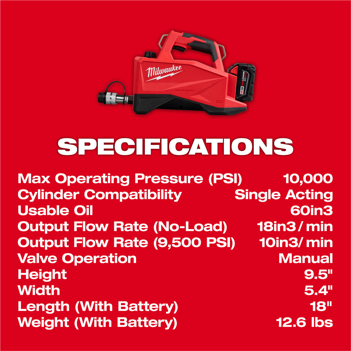 Milwaukee Tool M18 Brushless Single Acting 60in3 10,000psi Hydraulic Pump