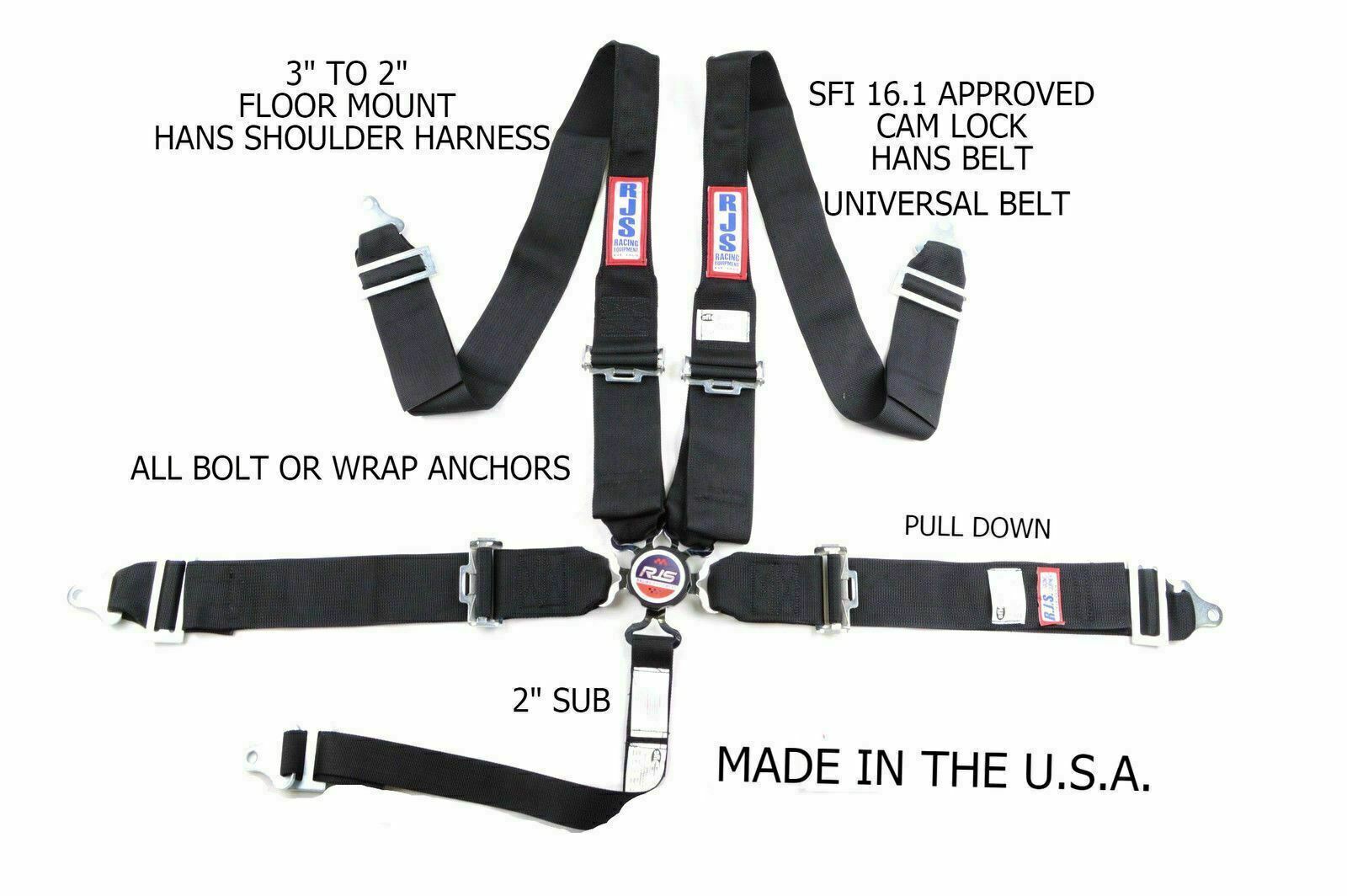 RJS SFI 16.1 5 POINT HANS CAM LOCK UNIVERSAL FLOOR MOUNT BELT BLACK